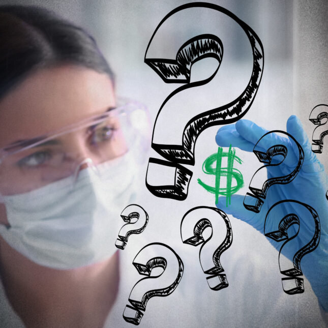 A medical staff holds a sketched dollar sign surrounded by nine question marks