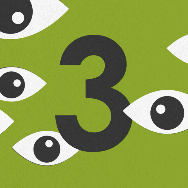 The number three floats at the center of a green background, surrounded by seven eyes staring at it -- 3 to watch coverage from STAT