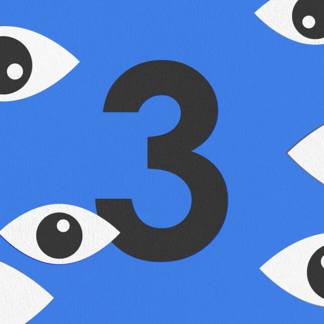 The number three floats at the center of a blue background, surrounded by seven eyes staring at it -- 3 to watch coverage from STAT