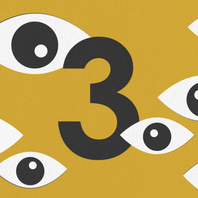 The number three floats at the center of a light orange background, surrounded by seven eyes staring at it -- 3 to watch coverage from STAT