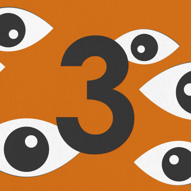 The number three floats at the center of an orange background, surrounded by seven eyes staring at it -- 3 to watch coverage from STAT