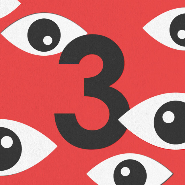 The number three floats at the center of a red background, surrounded by seven eyes staring at it -- 3 to watch coverage from STAT