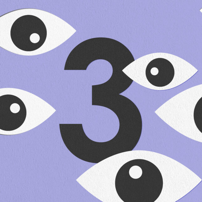 The number three floats at the center of a light purple background, surrounded by seven eyes staring at it -- 3 to watch coverage from STAT