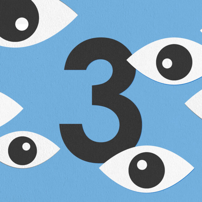 The number three floats at the center of a baby blue background, surrounded by seven eyes staring at it -- 3 to watch coverage from STAT