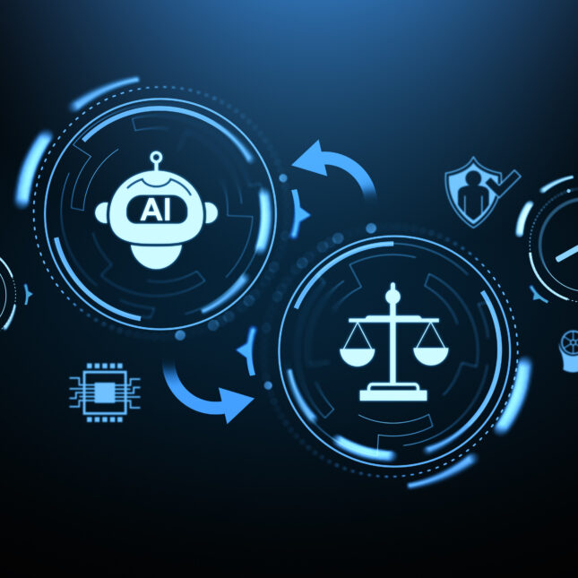 Two gears at the center, the one on the left contains an AI chatbot and the one on the right contains a balance. A smaller gear on the further left side contains a portrait and a smaller gear on the further right side contains a gavel -- health tech coverage from STAT