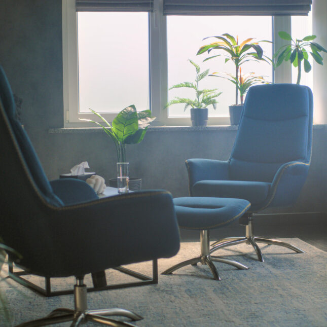 Two blue chairs sit in the middle of a room with widows and a few plants. The light is dull and moody. -- first opinion coverage from STAT