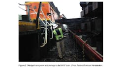 Figure 2 in the NTSB investigation report shoes a dislodged track panel and damage to the BNSF train The Federal Railroad Administration is credited with the photo