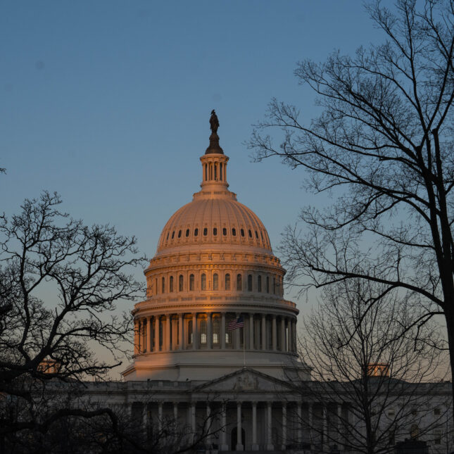 A file photo of the United States capitol building half in shadow during a sunset, no leaves on trees