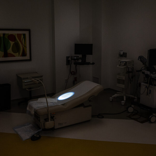 An exam table in a room where surgeries, including abortions, are performed.