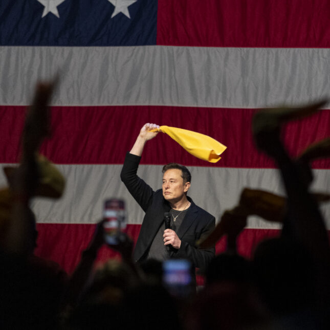 Elon Musk spins something yellow over his head while addressing a crowd of people doing the same. American flag is draped in the background. -- coverage from STAT