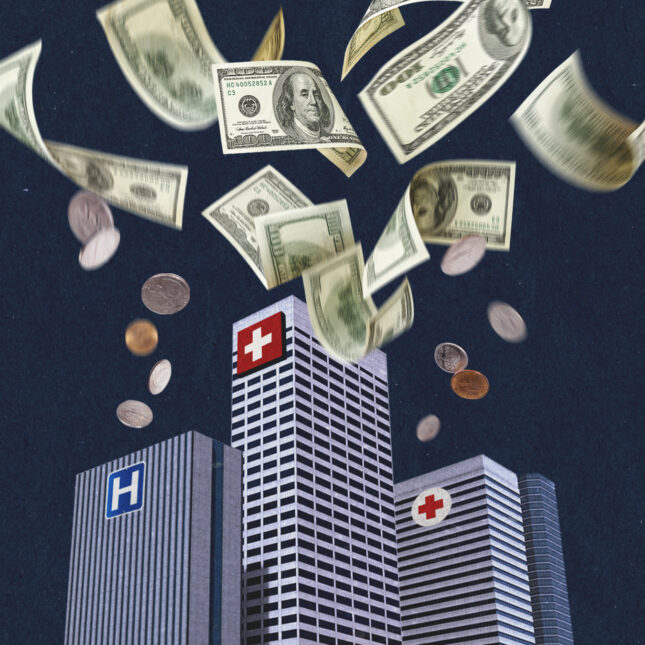 Illustration of money swirling above three hospital buildings. -- health policy coverage from STAT